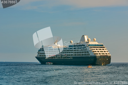 Image of Cruise Ship came to Amalfi in Southern Italy. Aerial view