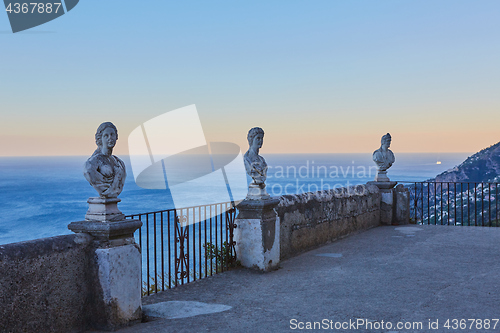 Image of Scenic picture-postcard view of famous Amalfi Coast with Gulf of Salerno from Villa Cimbrone gardens in Ravello, Naples, Italy