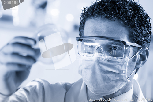 Image of Life science researcher observing cells in petri dish.