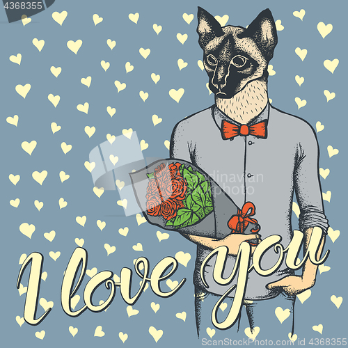 Image of Vector cat with flowers celebrating Valentines Day