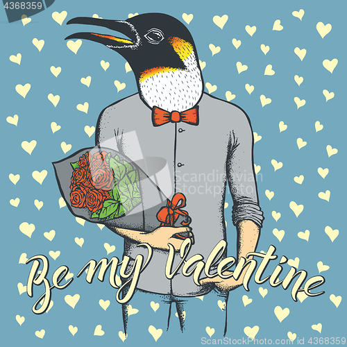 Image of Vector penguin with flowers celebrating Valentines Day