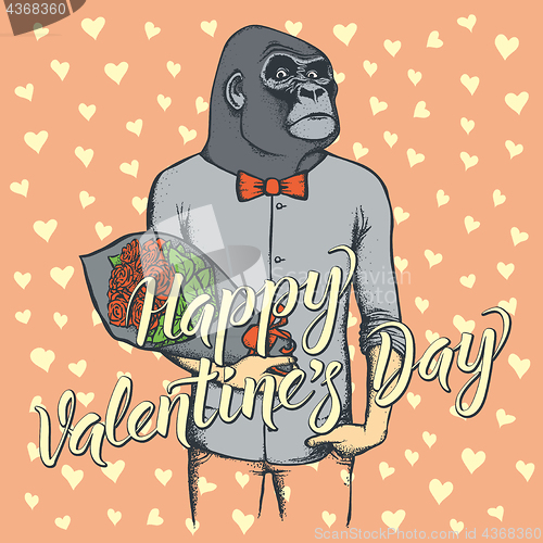 Image of Vector monkey with flowers celebrating Valentines Day