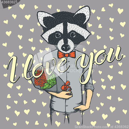 Image of Vector raccoon with flowers celebrating Valentines Day