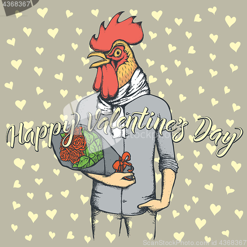 Image of Vector rooster with flowers celebrating Valentines Day
