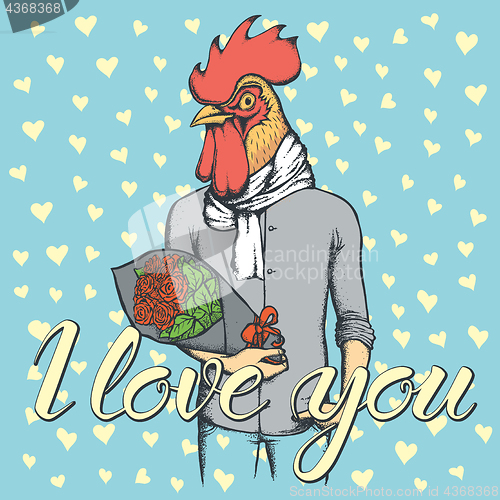 Image of Vector rooster with flowers celebrating Valentines Day