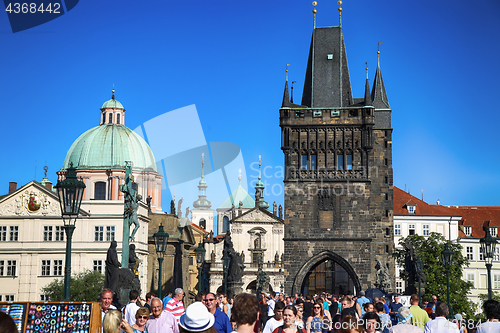 Image of PRAGUE, CZECH REPUBLIC - AUGUST 24, 2016: People walking and loo