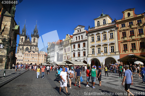 Image of PRAGUE, CZECH REPUBLIC - AUGUST 24, 2016: People walking and loo