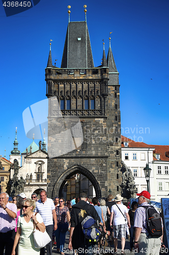 Image of PRAGUE, CZECH REPUBLIC - AUGUST 24, 2016: People walking and loo