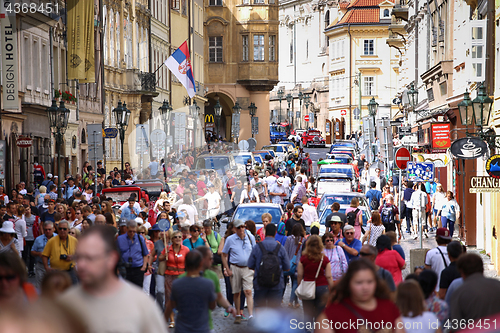 Image of PRAGUE, CZECH REPUBLIC - AUGUST 23, 2016: Many people walking an