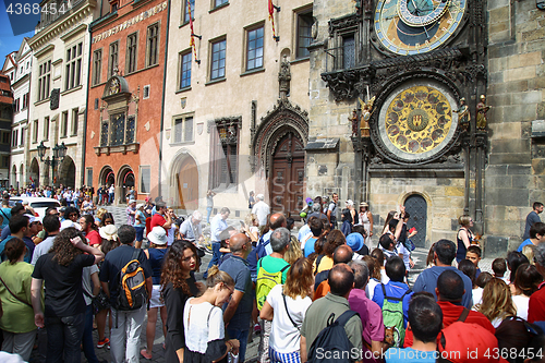 Image of PRAGUE, CZECH REPUBLIC - AUGUST 23, 2016: People walking and loo