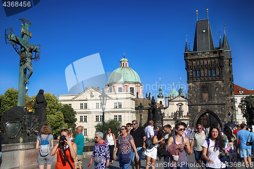 Image of PRAGUE, CZECH REPUBLIC - AUGUST 24, 2016: People walking and loo