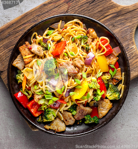 Image of Plate of noodles with meat and vegetables