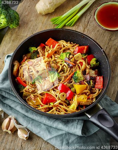 Image of Asian egg noodles with vegetables and meat