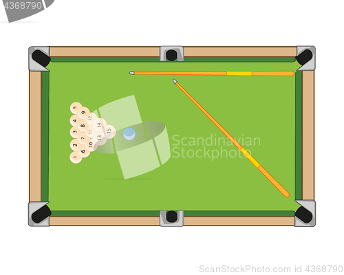 Image of Billiard table and balls with cue