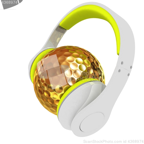 Image of Gold Golf Ball With headphones. 3d illustration