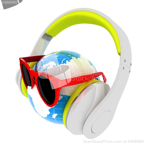 Image of Earth planet with earphones and sunglasses. 3d illustration