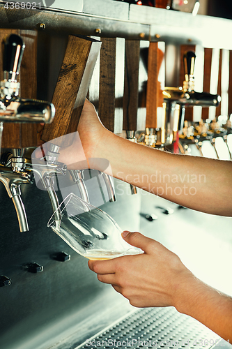 Image of Hand of bartender pouring a large lager beer in tap.