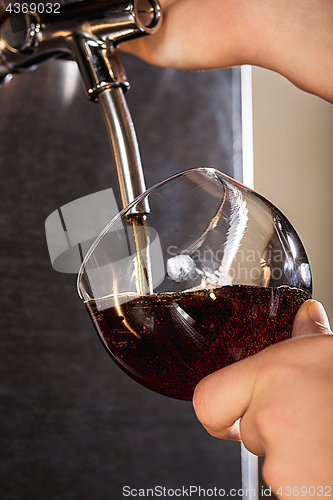 Image of Hand of bartender pouring a large lager beer in tap.