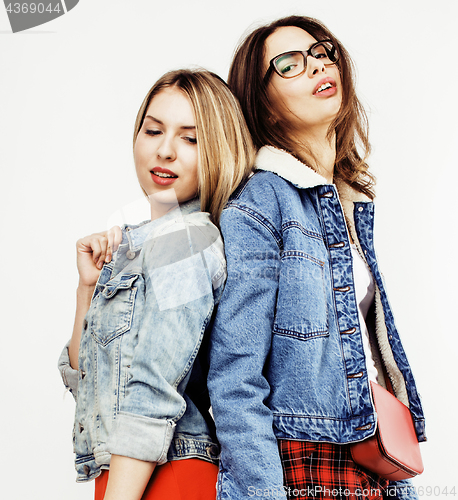 Image of best friends teenage girls together having fun, posing emotional on white background, besties happy smiling, lifestyle people concept close up