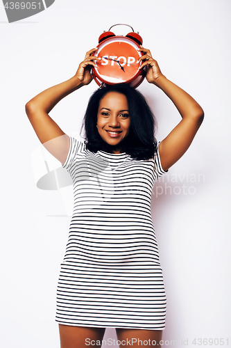 Image of pretty young african-american pregnant woman posing isolated on white background, lifestyle people concept close up