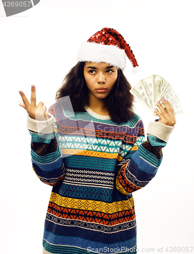 Image of cute young real african hipster girl in santas red hat isolated 