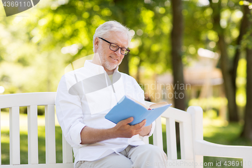 Image of happy senior man reading book at summer park