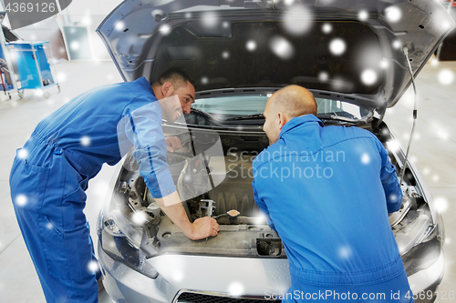 Image of mechanic men with wrench repairing car at workshop