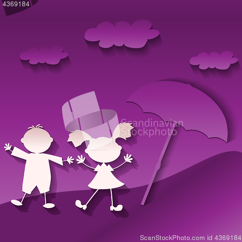 Image of two kids play on the ultraviolet beach, modern paper art style