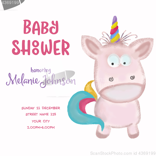 Image of beautiful doodle baby shower card wirh watercolor unicorn
