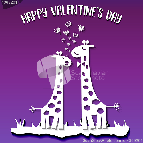 Image of paper cut giraffes in love, Valentine\'s Day card on ultraviolet 