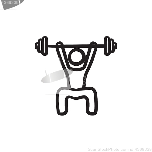 Image of Man exercising with barbell sketch icon.