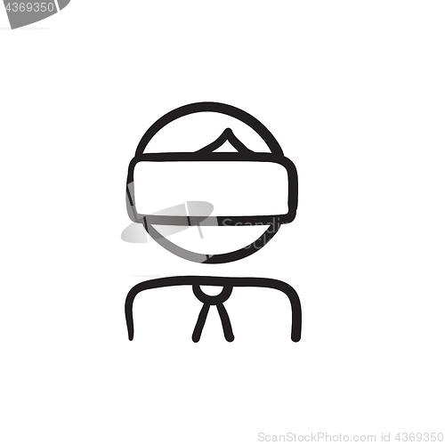 Image of Man wearing virtual reality headset sketch icon.