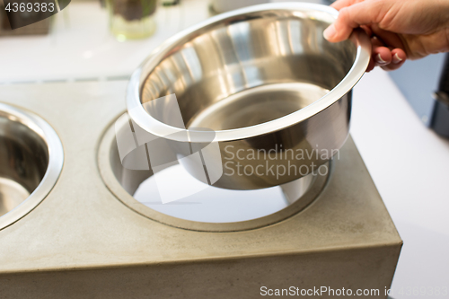 Image of Woman preparing dog food bowl