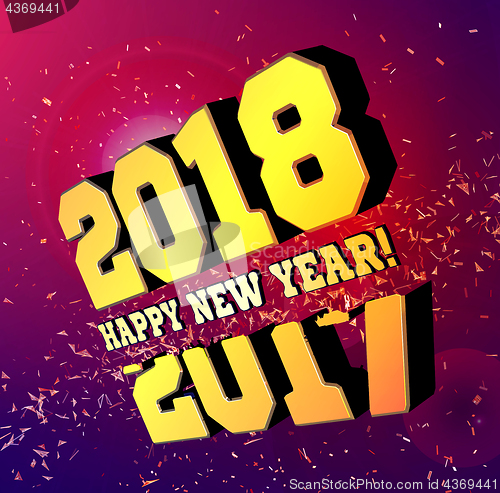 Image of Congratulations on the New Year 2018, which goes after 2017. Vector New Year\'s numbers with particles flying away from the explosion.