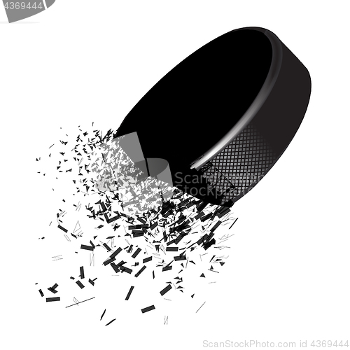 Image of Exploding hockey puck with flying particles on a white background. Vector
