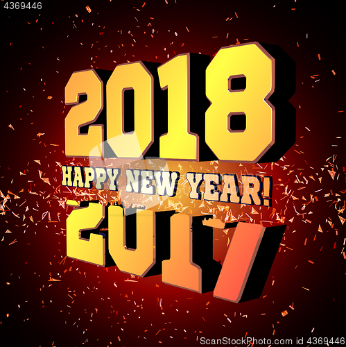 Image of Congratulations on the New Year 2018, which goes after 2017. Vector New Year\'s numbers with particles flying away from the explosion.