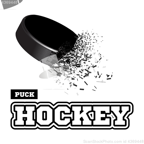 Image of Exploding hockey puck with flying particles on a white background. Vector