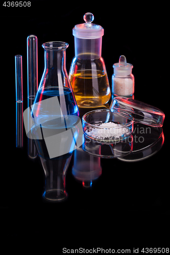 Image of The Chemistry Lab background. Various glass chemistry lab equipment