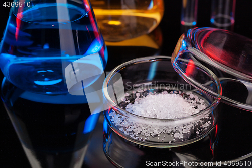 Image of The Chemistry Lab background. Various glass chemistry lab equipment