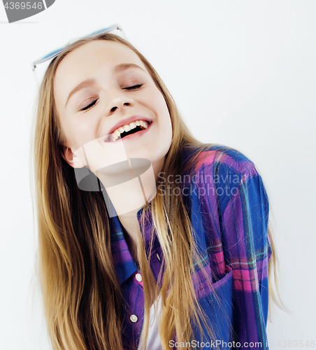 Image of young pretty blond teenage girl emotional posing, happy smiling isolated on white background, lifestyle people concept 