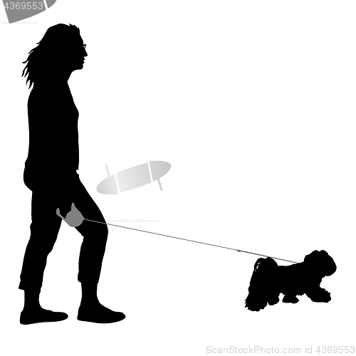 Image of Silhouette of woman and dog on a white background