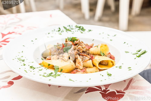 Image of Italian Paccheri pasta  with Swordfish