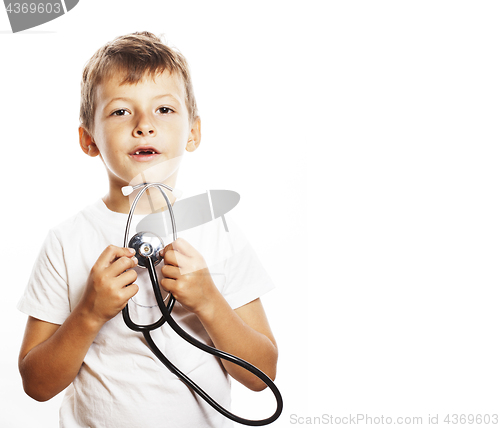 Image of little cute boy with stethoscope playing like adult profession d