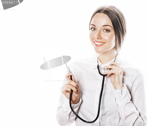 Image of young pretty woman doctor with stethoscope on white background 