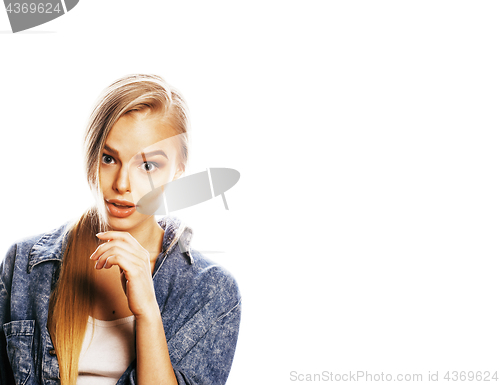 Image of young blond woman on white backgroung gesture thumbs up, isolate