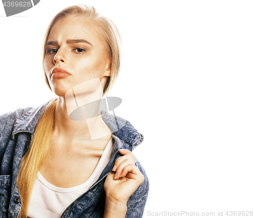 Image of young blond woman on white backgroung gesture thumbs up, isolate