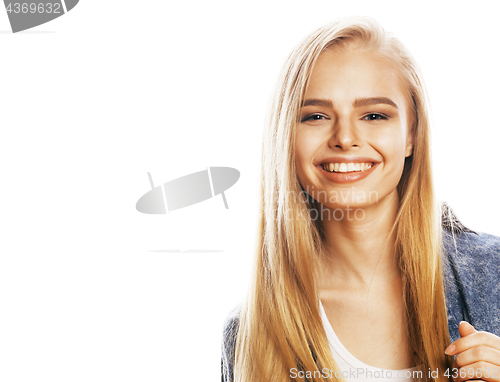 Image of young blond woman on white backgroung gesture thumbs up, isolate