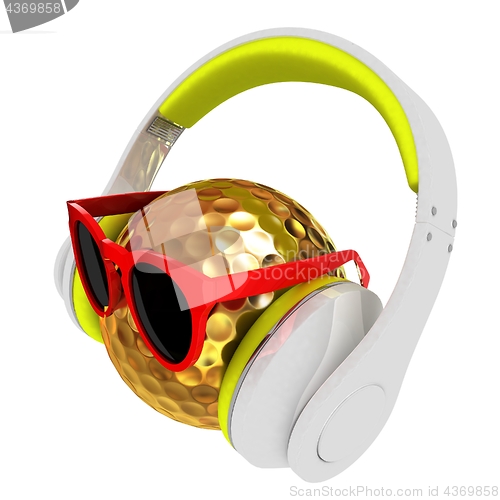 Image of Gold Golf Ball With Sunglasses and headphones. 3d illustration