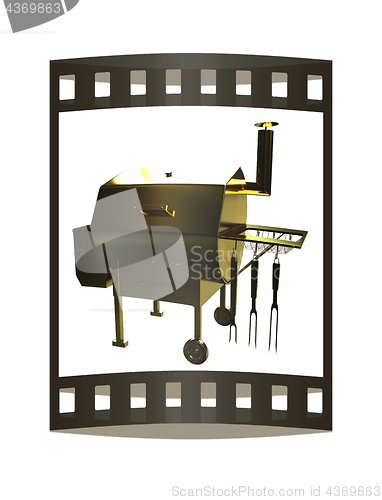 Image of Gold BBQ Grill. 3d illustration. The film strip.