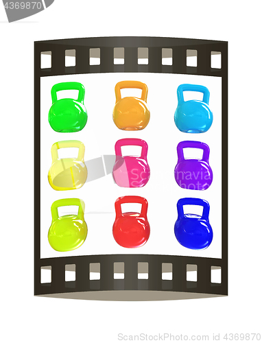 Image of A set of sports items - weights. 3d illustration. The film strip